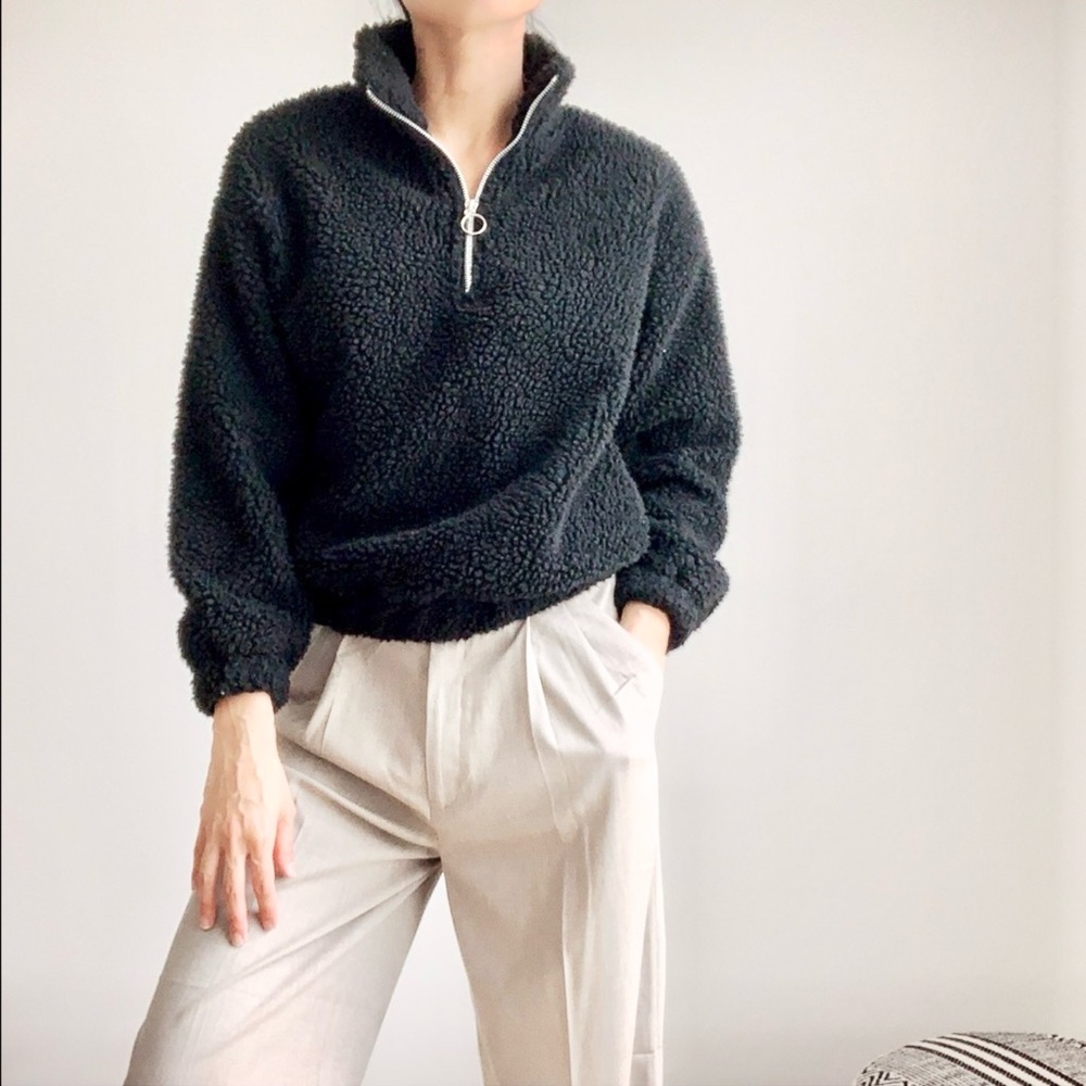 SHERPA HALF ZIP BOMBER SWEATER - BLACK - Picture 1 of 14